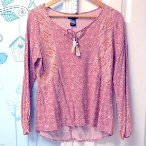 Wet Seal Pink Cream Floral Graphic Print Blouse With Tussles Top Women's Size M